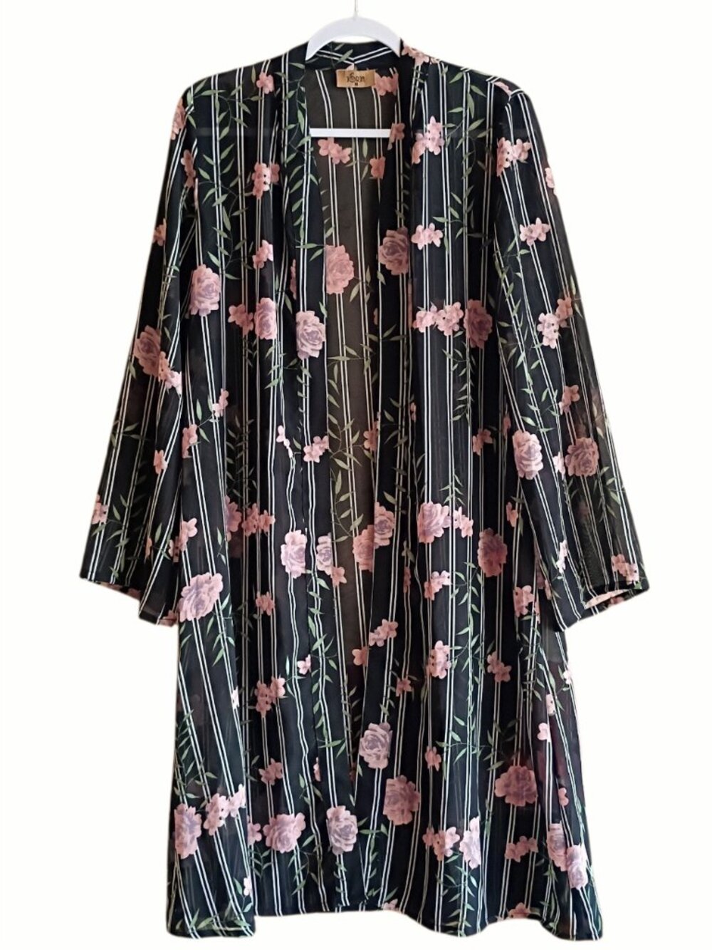 JORJA Women's Kimono Black Pink Striped Floral Sheer Long MEDIUM